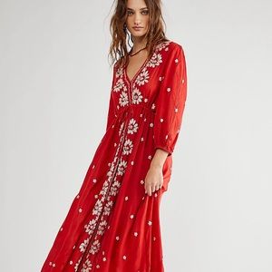 Free People Embroidered Fable Midi Dress Red M